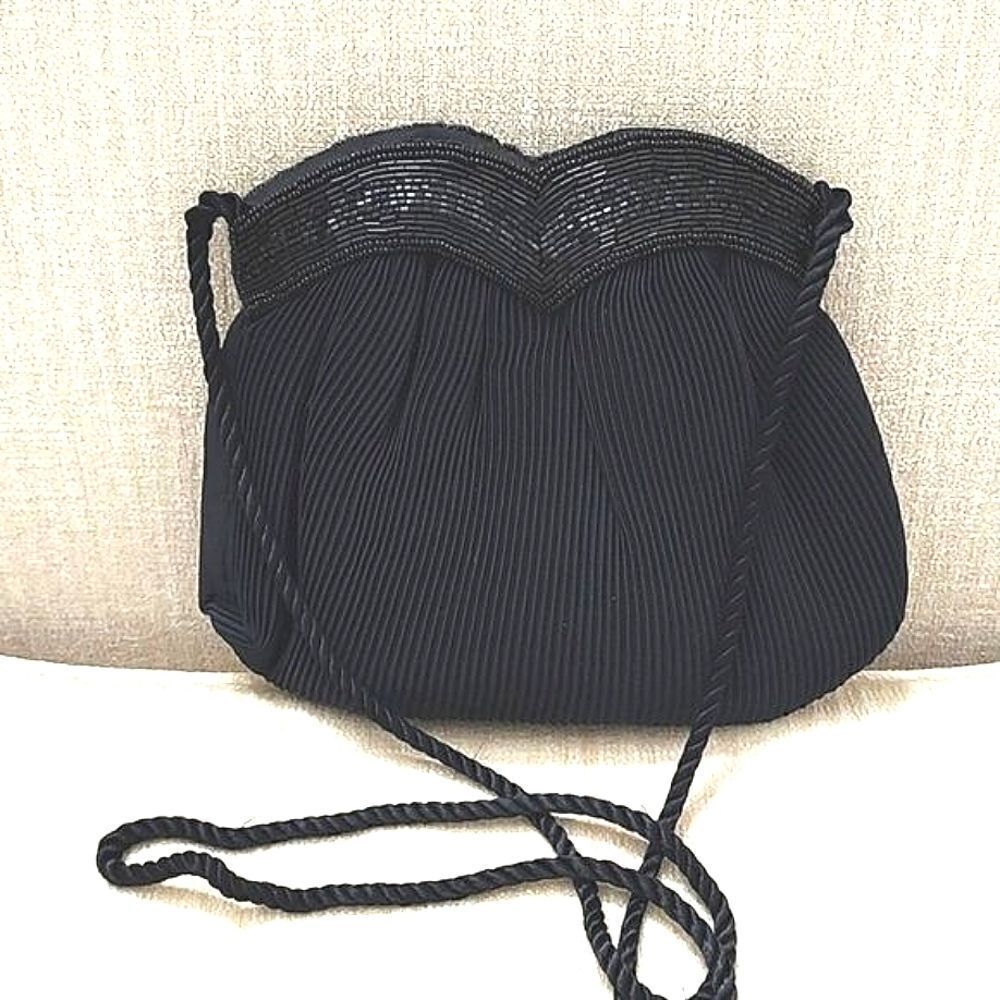 LaRegale Black Beaded Mini Pleat Evening Crossbody Shoulder Bag